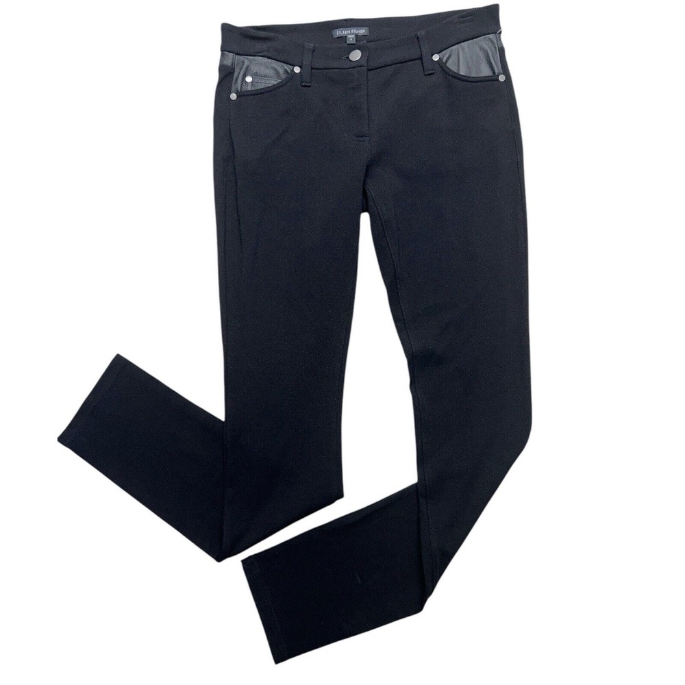Eileen Fisher Pant Women 2 Black‎ Leather Trimmed Pockets Comfort Stretch Skinny